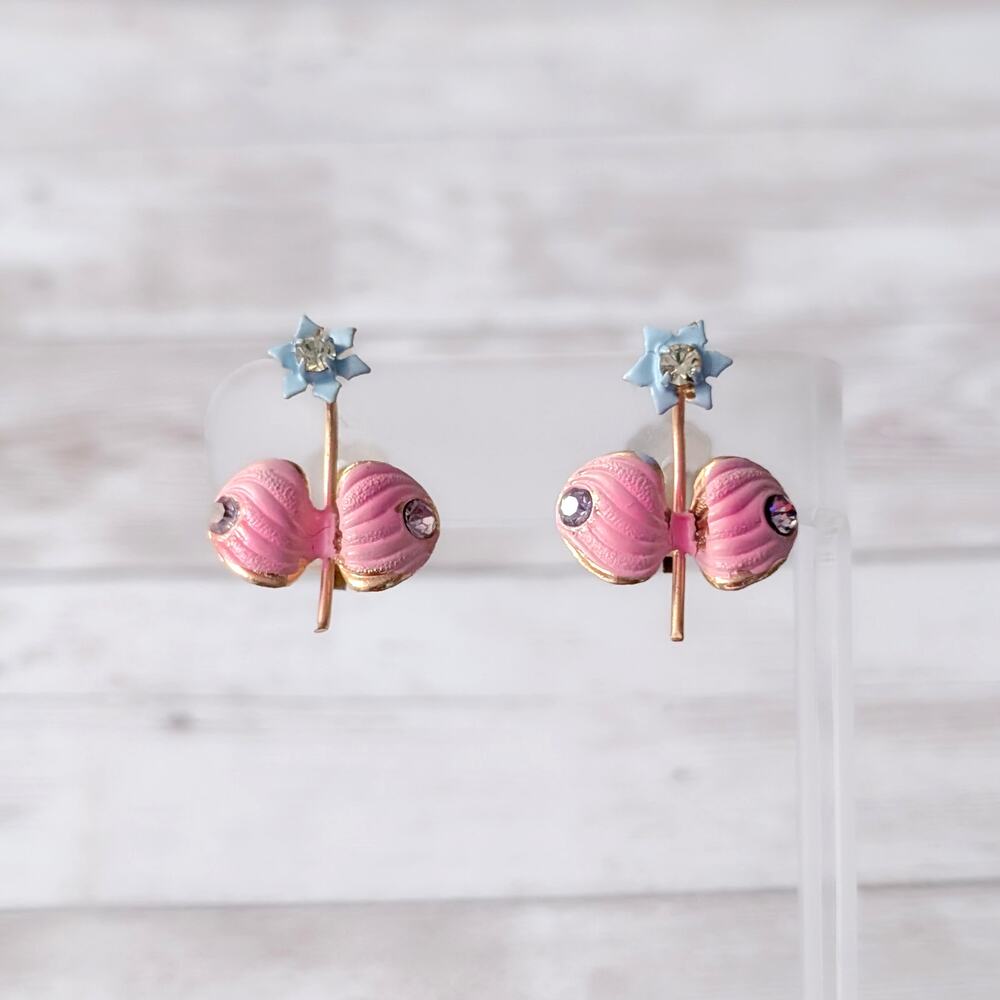 Vintage Clip On Earrings Unusual Blue & Pink Flower